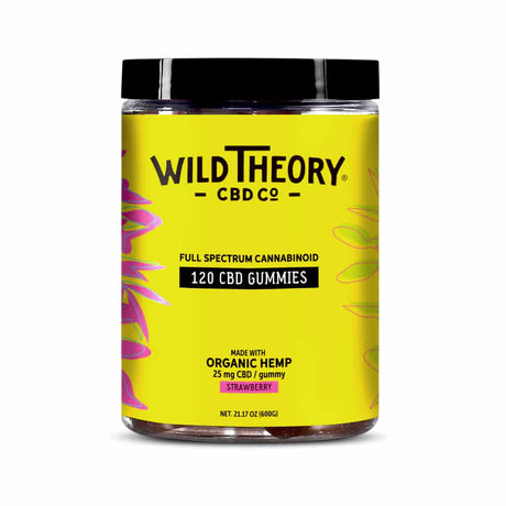 Tall jar of Wild Theory CBD Co 120 CBD Gummies with 25 mg CBD per gummy, featuring a bold yellow label with purple and orange foliage art. Product highlights full spectrum cannabinoid content and organic hemp.