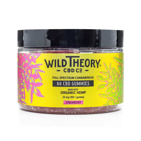 Bright yellow jar labeled "Wild Theory CBD Co Full Spectrum Cannabinoid – 60 CBD Gummies" with 25 mg of CBD per gummy, made with organic hemp and flavored strawberry. The label includes pink and green botanical illustrations.