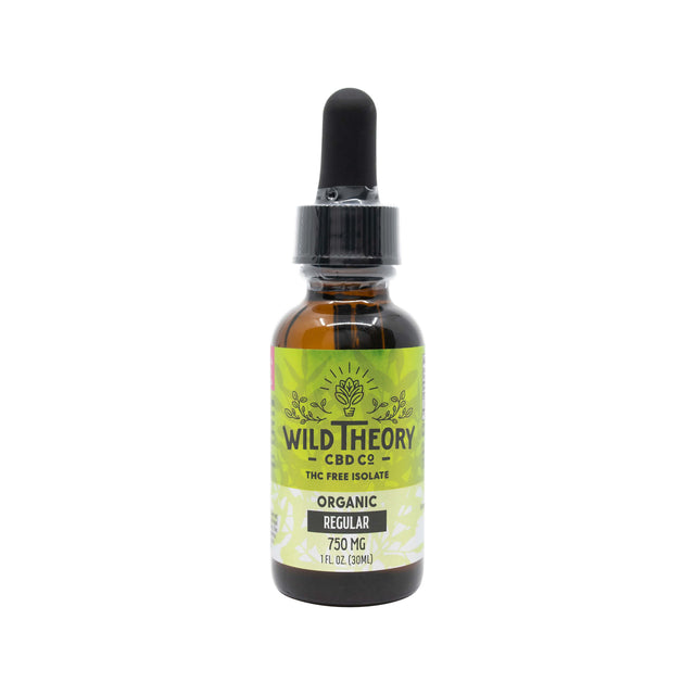A close-up of a 1 fl oz bottle of Wild Theory CBD Co. THC Free Isolate oil with a green label reading “Organic Regular 750 MG.” The amber glass bottle has a black dropper cap and is photographed against a white background.