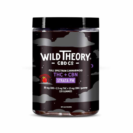 A clear plastic jar with a black lid labeled "Wild Theory CBD Co Strata PM THC + CBN Full Spectrum Cannabinoid Gummies" in strawberry flavor. Each gummy contains 30 mg CBD, 2.5 mg THC, and 15 mg CBN; the jar holds 120 gummies and features a night sky design with clouds.