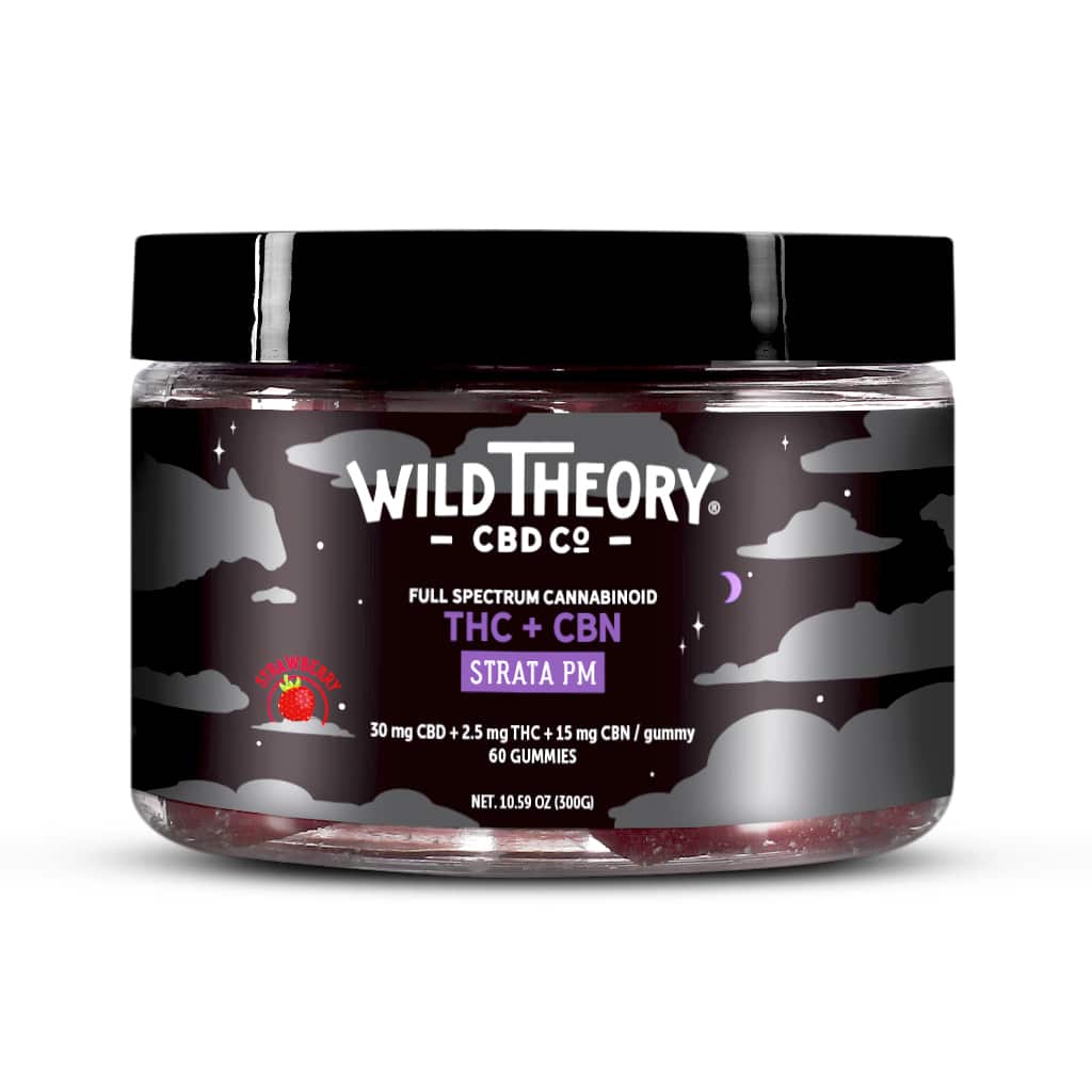 A short, wide plastic jar with black lid containing 60 strawberry-flavored full spectrum cannabinoid gummies by Wild Theory. The label highlights 30 mg CBD, 2.5 mg THC, and 15 mg CBN per gummy, with a night-themed design of clouds and stars.