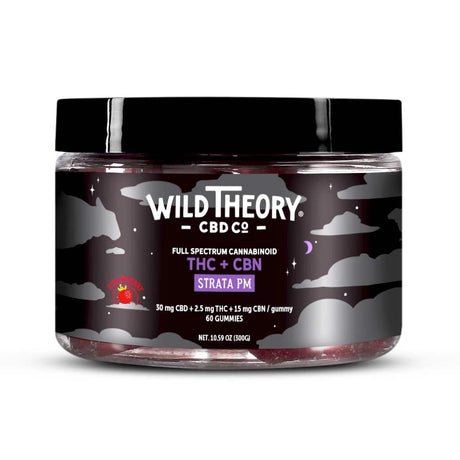 A short, wide plastic jar with black lid containing 60 strawberry-flavored full spectrum cannabinoid gummies by Wild Theory. The label highlights 30 mg CBD, 2.5 mg THC, and 15 mg CBN per gummy, with a night-themed design of clouds and stars.