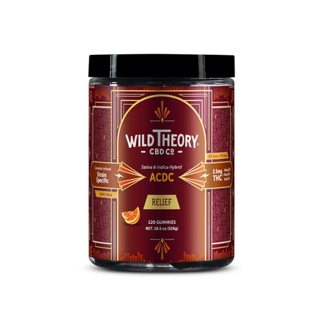 Large jar of Wild Theory CBD Co. ACDC Relief gummies with 120 count and 2.5mg THC per gummy. The jar showcases a geometric Art Deco design and emphasizes balanced hybrid effects for relief.