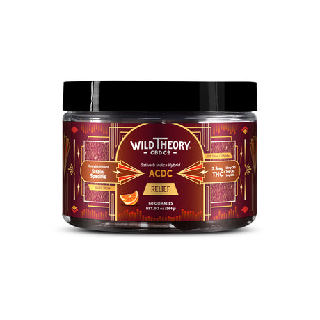 Medium jar of Wild Theory CBD Co. ACDC Relief gummies with 60 count, containing 2.5mg THC and a strain-specific cannabis blend. Label highlights a hybrid formula and features bold orange and maroon tones.