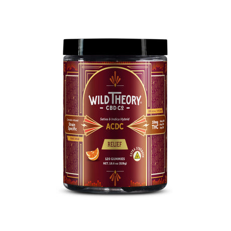 Large jar of Wild Theory CBD Co. ACDC Relief Extra Strength gummies with 120 count and 10mg THC per gummy. Label features bold Art Deco graphics and “Extra Strength” badge for high-potency relief.