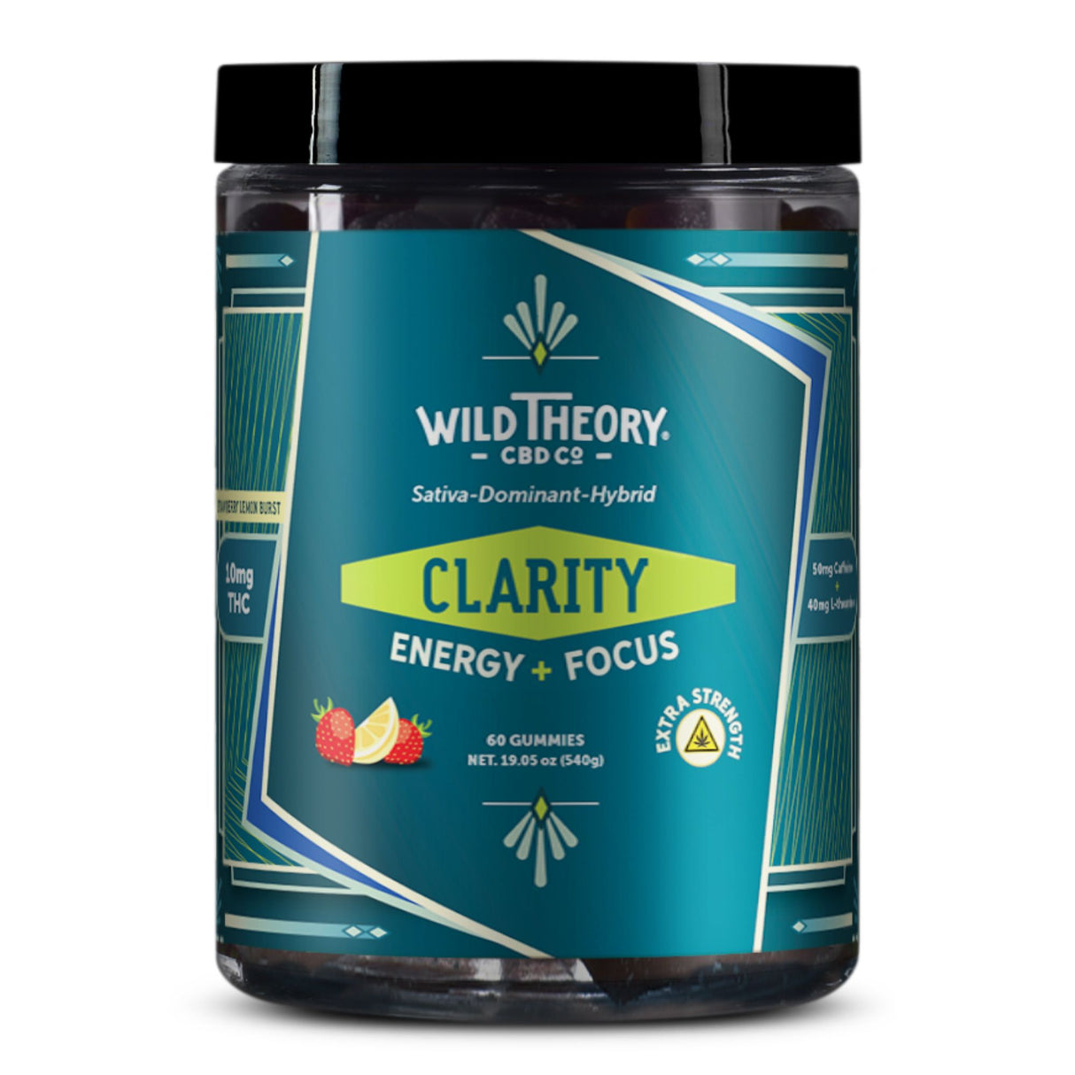 Wild Theory Clarity Energy + Focus 10mg THC Gummies Strawberry Lemon Burst 60 Gummies, front label view. The packaging features a teal gradient design with the Wild Theory CBD Co. branding and “Clarity Energy + Focus” messaging. It highlights 10 mg THC per gummy and includes ingredients like caffeine and L-theanine for energy and focus. The label shows 60 gummies, flavor imagery of strawberries and lemons, and an extra strength indicator.