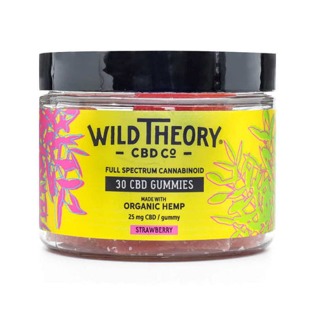 Compact jar of Wild Theory CBD Co 30 CBD Gummies, featuring a vivid yellow label with organic hemp and strawberry flavor callouts. Contains 25 mg CBD per gummy, with pink and green leafy accents on the label.
