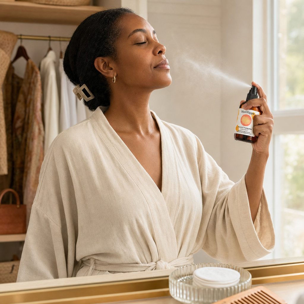 Mad Hippie Vitamin C Toning Mist bottle displayed in a bright skincare lifestyle scene