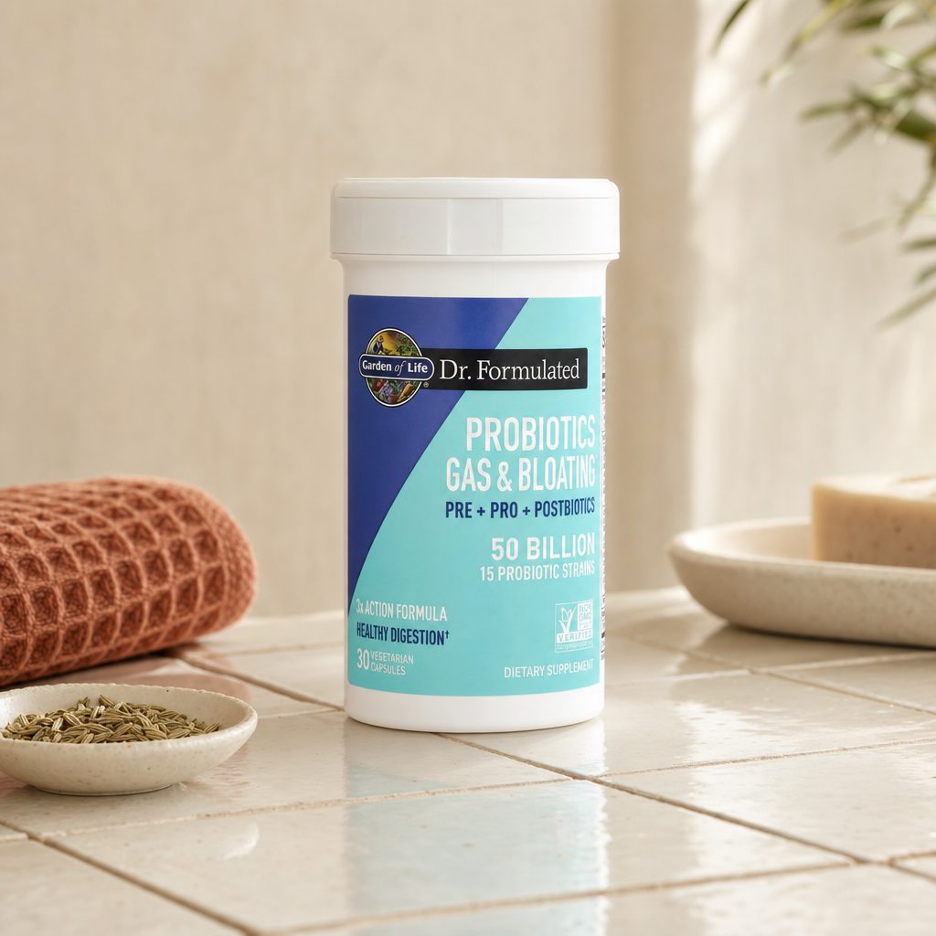 Garden of Life Dr. Formulated Probiotics Gas & Bloating bottle showing product label details