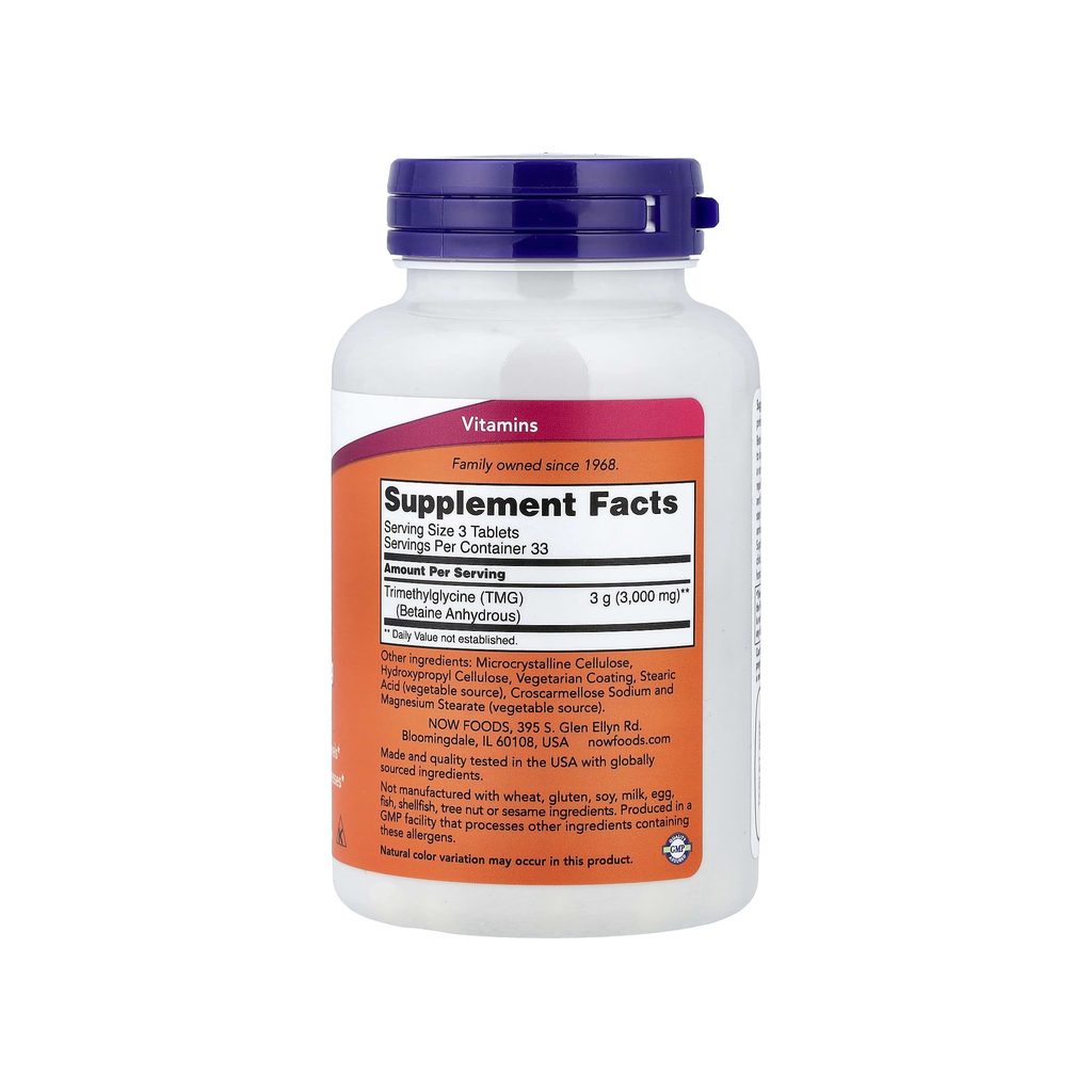NOW Foods TMG Betaine 1000 mg supplement facts panel listing ingredients, dosage, and serving size