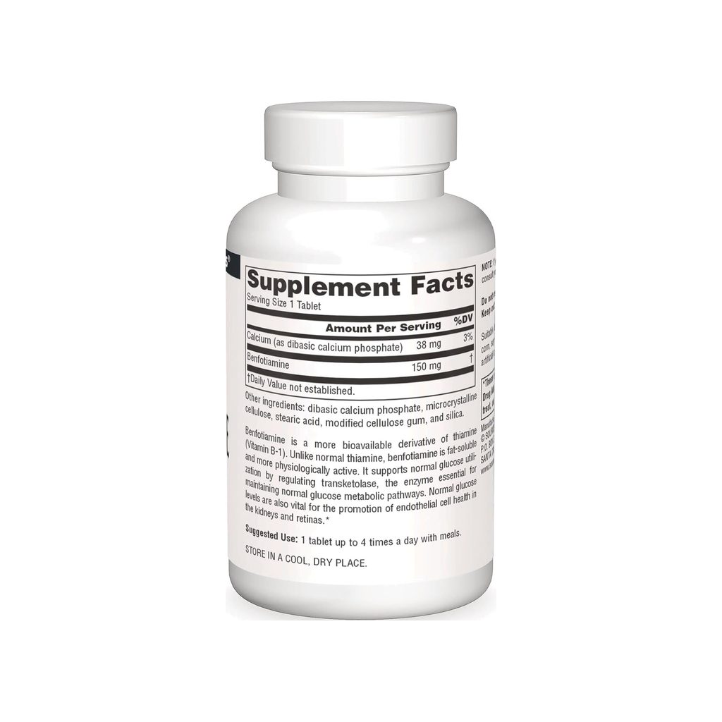 Source Naturals Benfotiamine 150 mg supplement facts panel listing ingredients and serving size