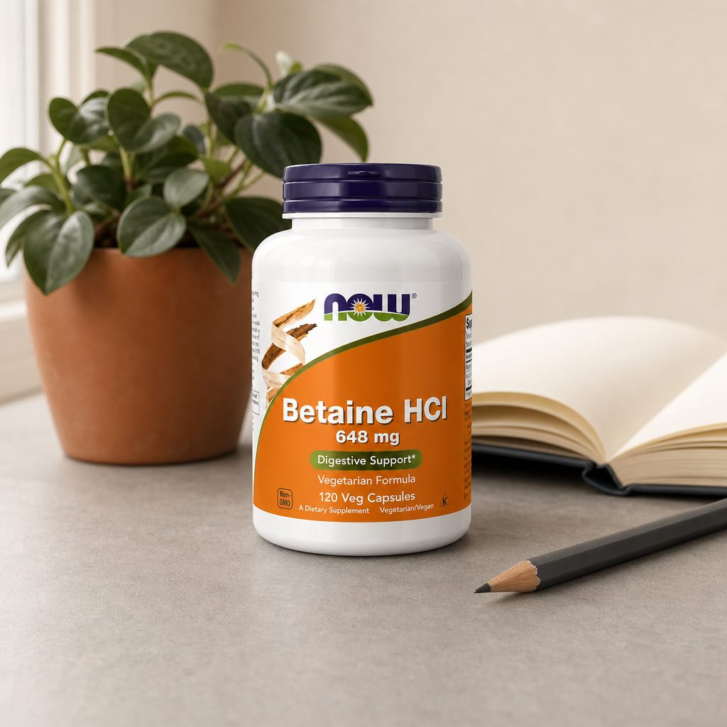 NOW Foods Betaine HCl 648 mg bottle with vegetarian capsules on a kitchen counter