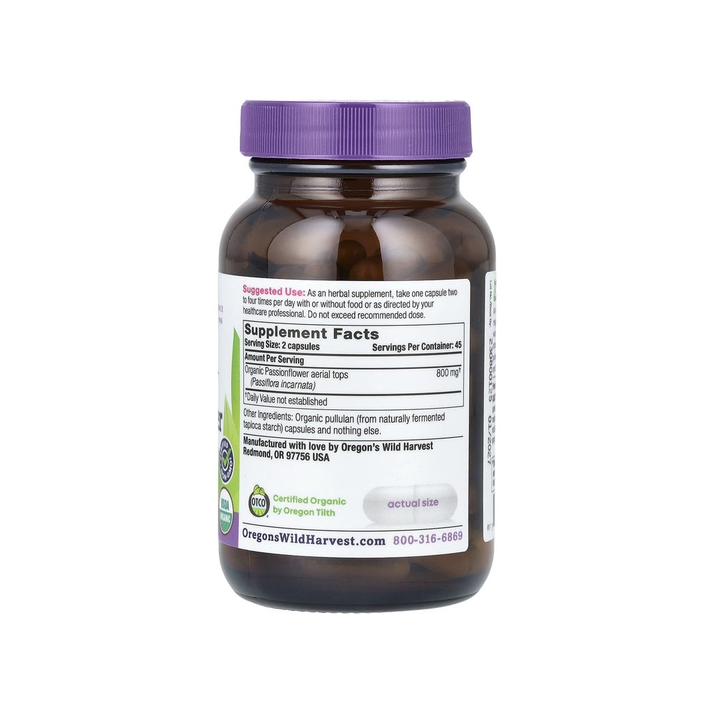 Oregon's Wild Harvest Passionflower supplement facts panel listing ingredients and serving size