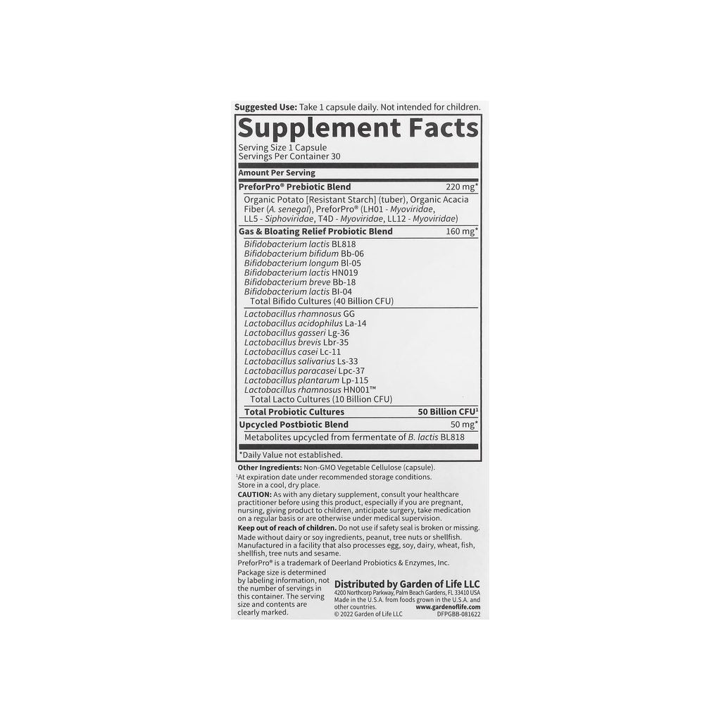 Garden of Life Dr. Formulated Probiotics Gas & Bloating supplement facts panel with dosage and ingredients