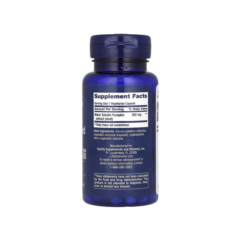 Life Extension Water-Soluble Pumpkin Seed Extract supplement facts panel listing ingredients and serving size