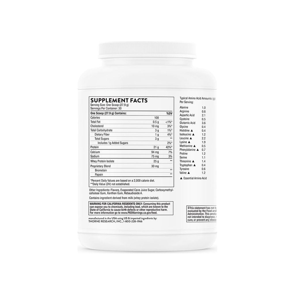 Thorne Research Whey Protein Isolate Vanilla supplement facts panel listing ingredients and serving size