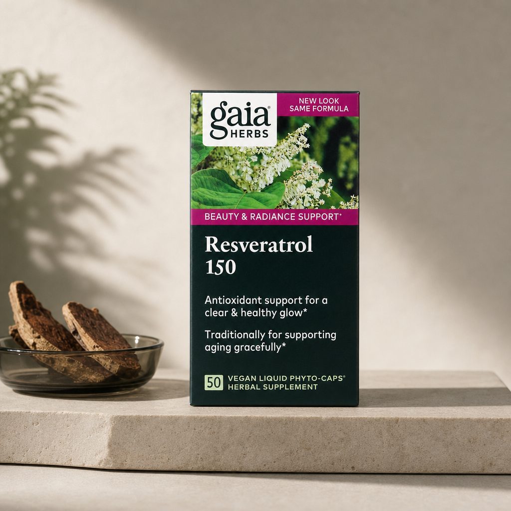 Gaia Herbs Resveratrol 150 bottle and carton showing product packaging