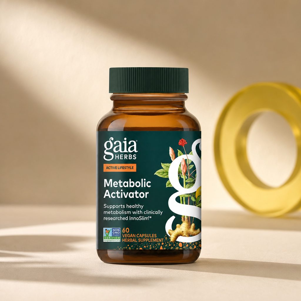 Gaia Herbs Metabolic Activator bottle displayed in an active lifestyle setting