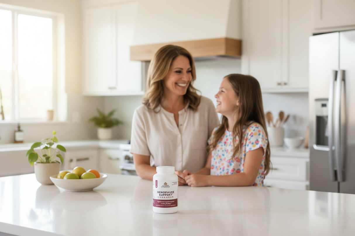 Ancient Nutrition Menopause Support + Collagen Capsules in modern kitchen