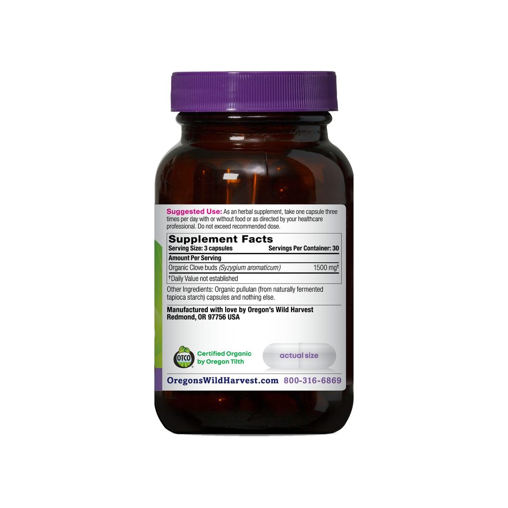 Oregon's Wild Harvest Cloves supplement facts panel listing ingredients, dosage, and serving size