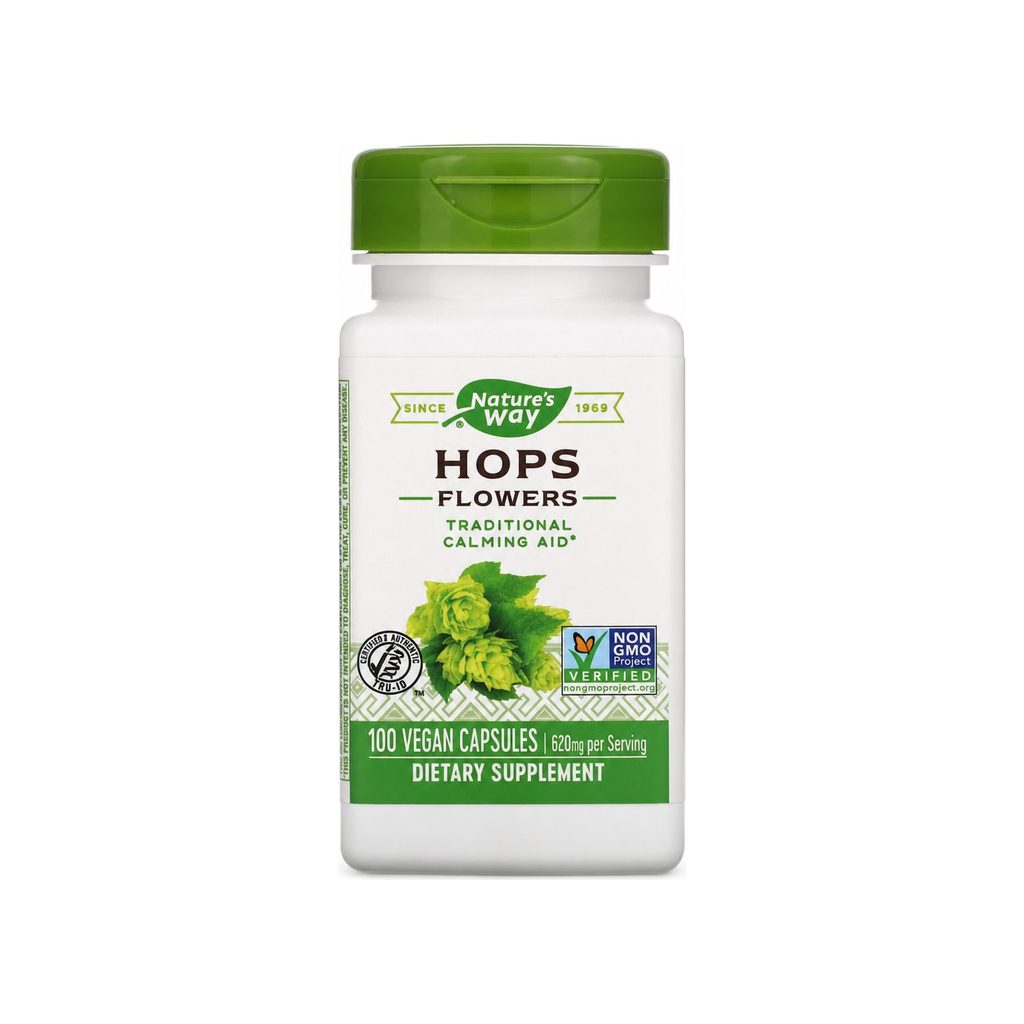 Nature's Way Hops Flowers 100 capsules bottle front label on white background