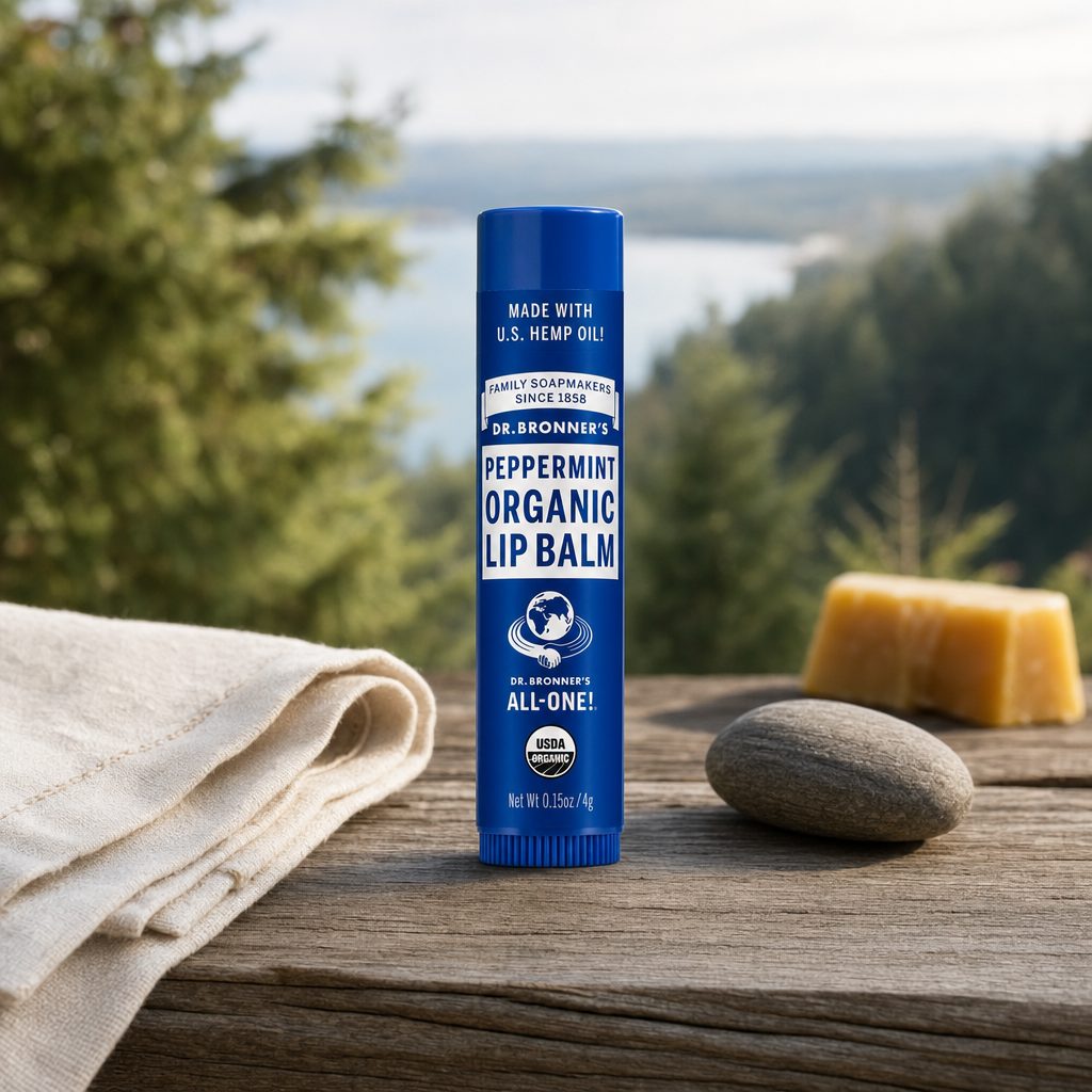 Dr. Bronner's Organic Lip Balm Peppermint balm stick shown upright with cap