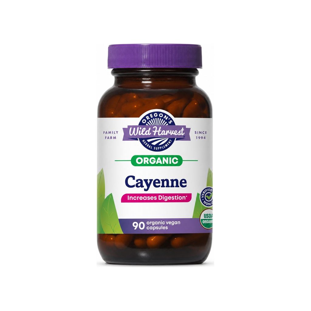 Oregon's Wild Harvest Organic Cayenne Capsules bottle front with USDA Organic badge, 90 vegan capsules