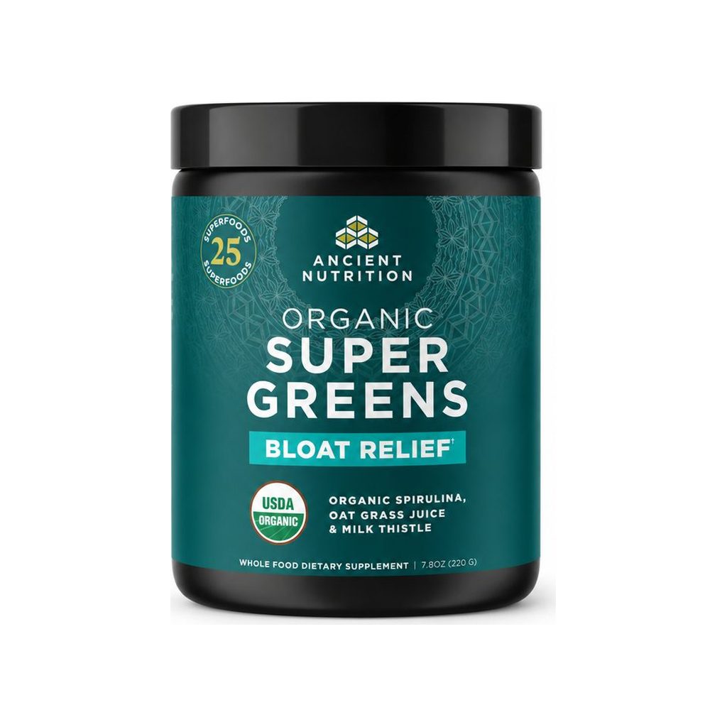 Ancient Nutrition SuperGreens Bloat Relief powder front container, 7.8 oz