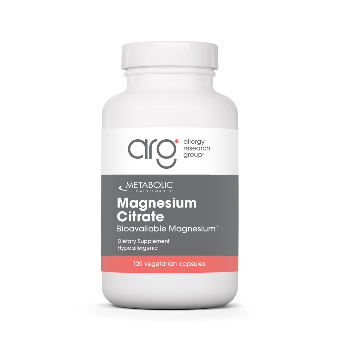Metabolic Maintenance Magnesium Citrate 120 vegetarian capsules, white bottle with gray and coral Allergy Research Group label