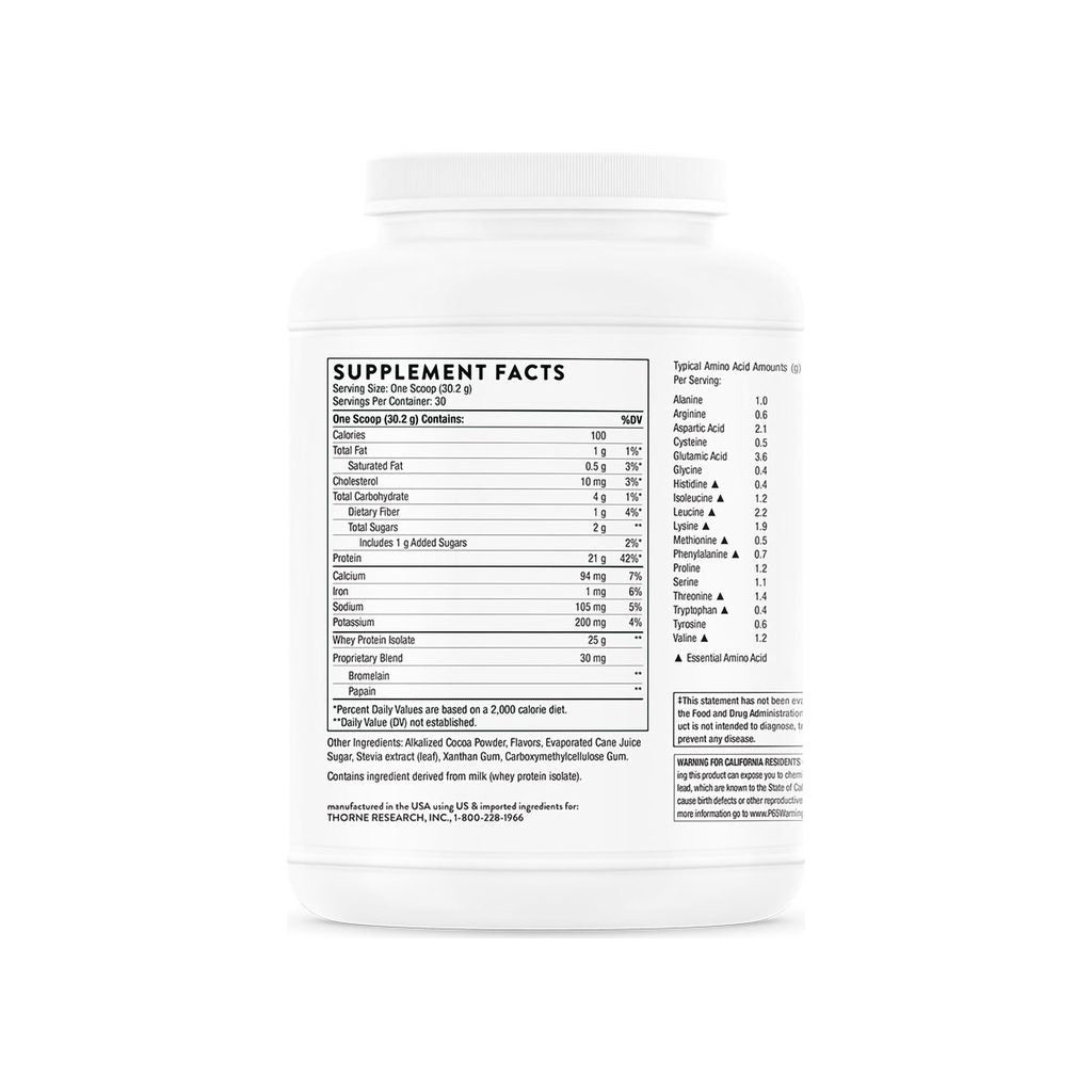 Thorne Research Whey Isolate Chocolate supplement facts panel listing ingredients and serving size