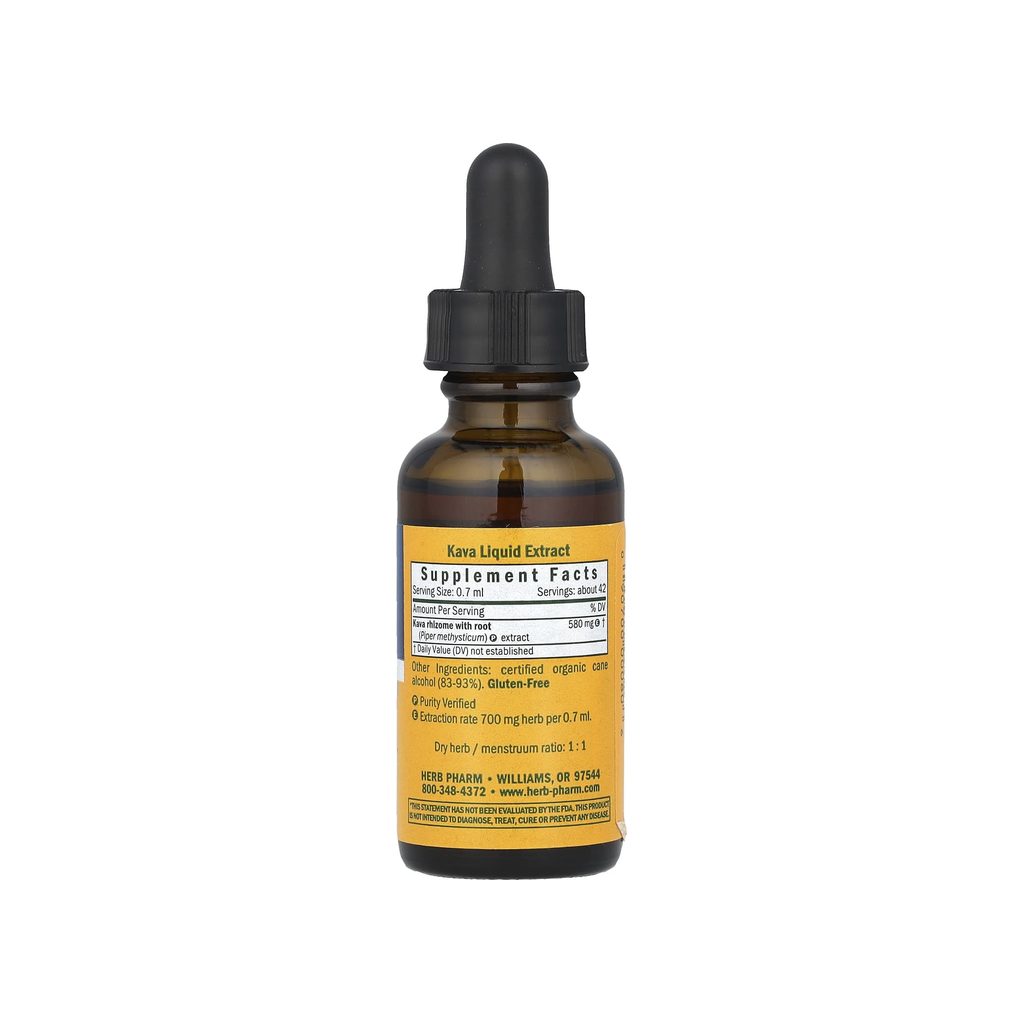 Herb Pharm Kava supplement facts panel listing ingredients, dosage, and serving size