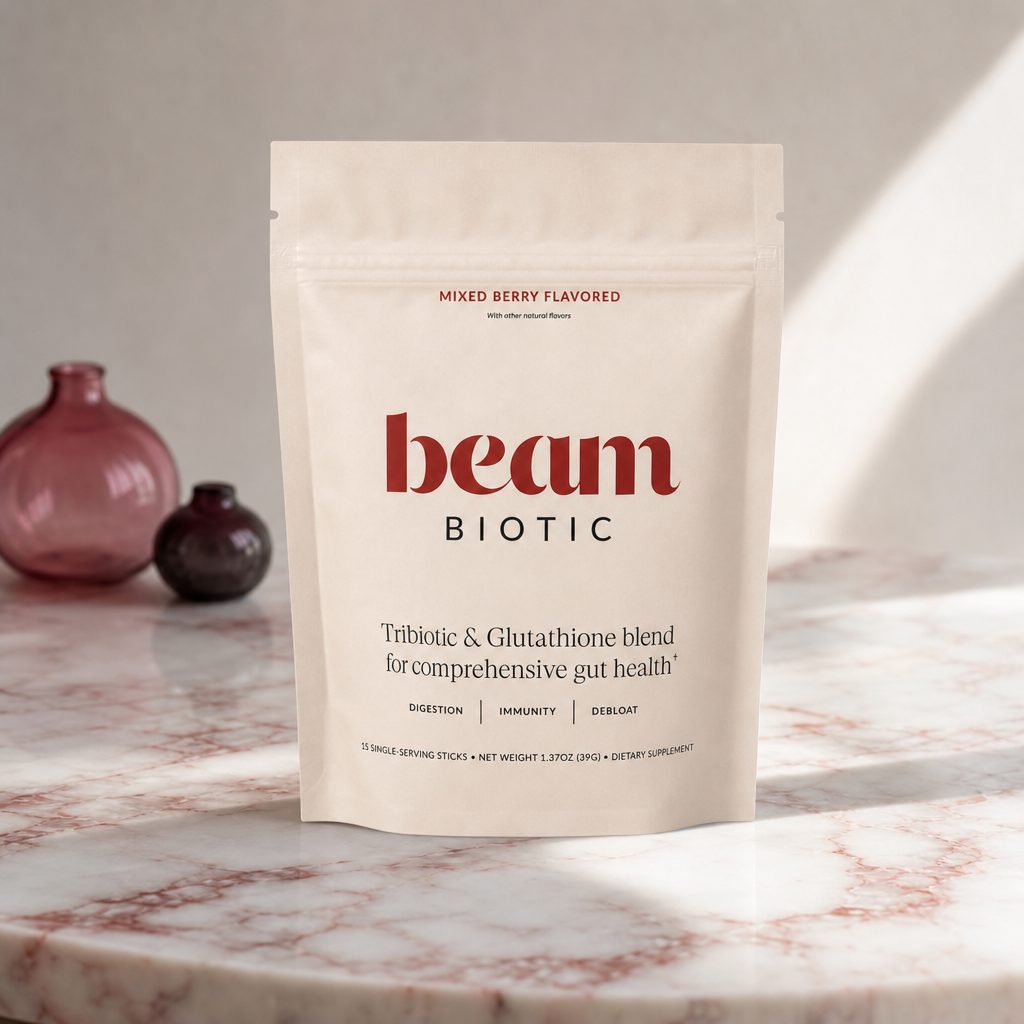 Beam Biotic Mixed Berry carton and stick packs arranged with mixed berries