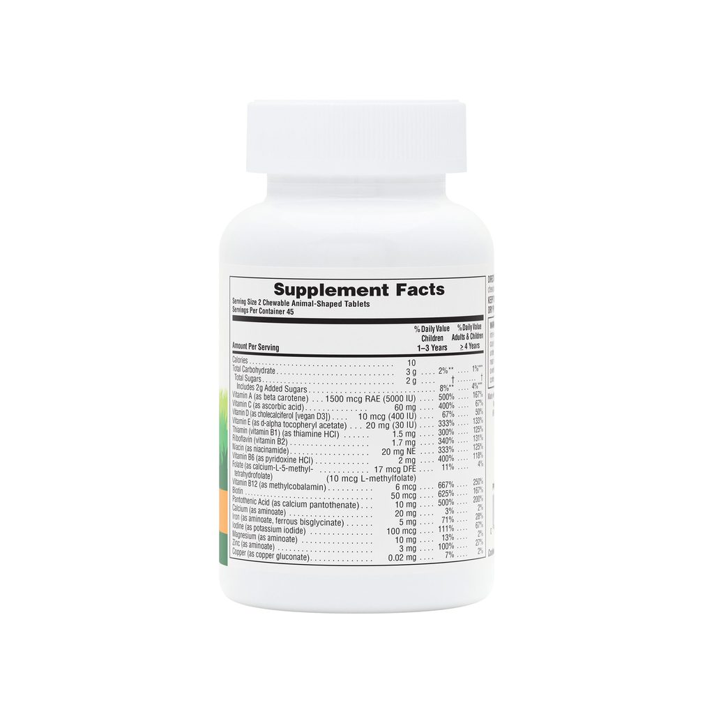 NaturesPlus Animal Parade Children's Chewable Multi supplement facts panel with dosage and ingredients