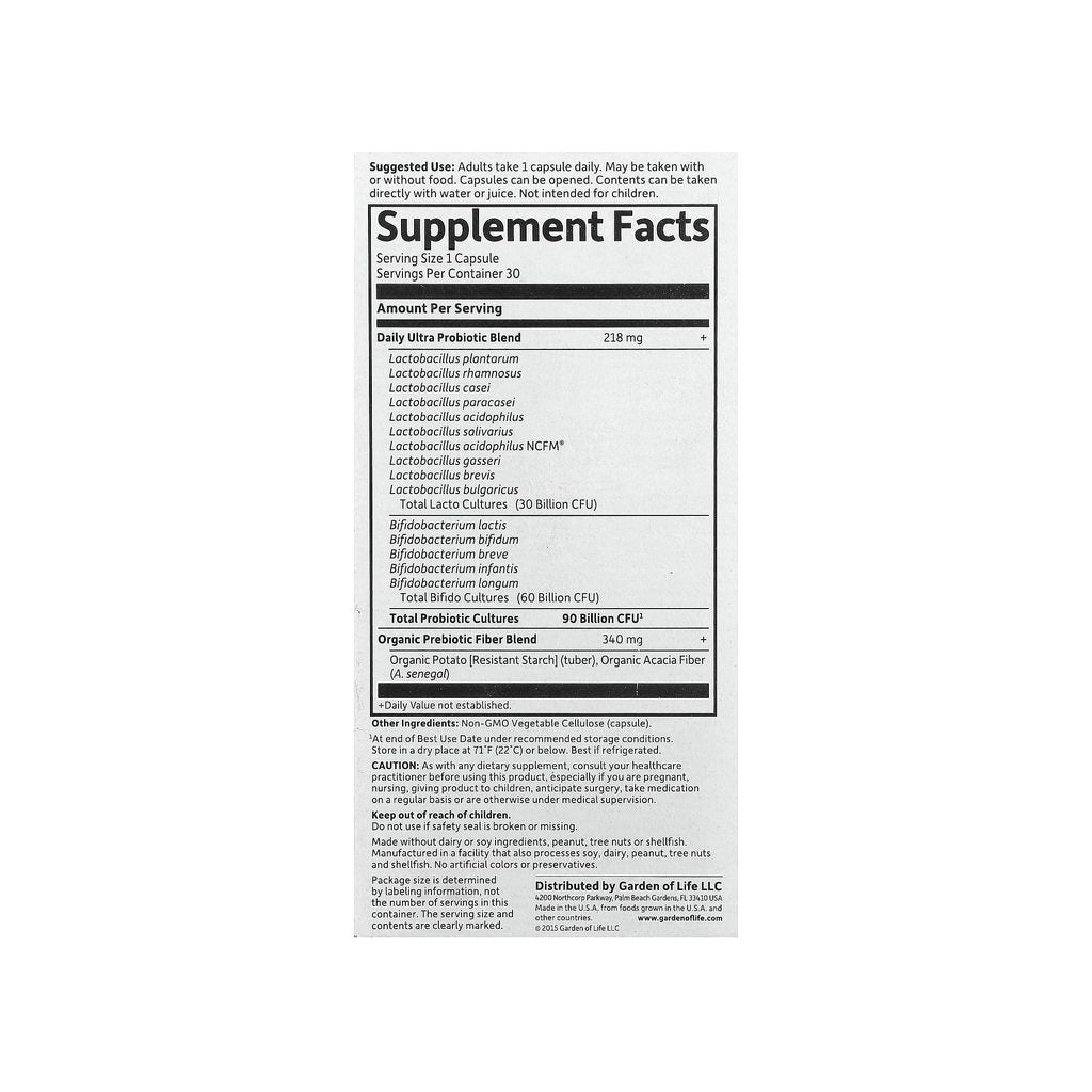 Garden of Life Dr. Formulated Probiotics Once Daily Ultra supplement facts panel with ingredients and serving size