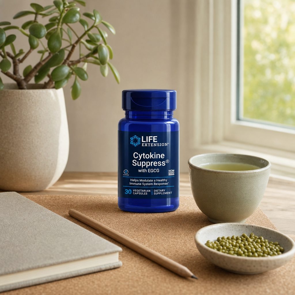 Life Extension Cytokine Suppress with EGCG bottle on a kitchen counter with a glass of water