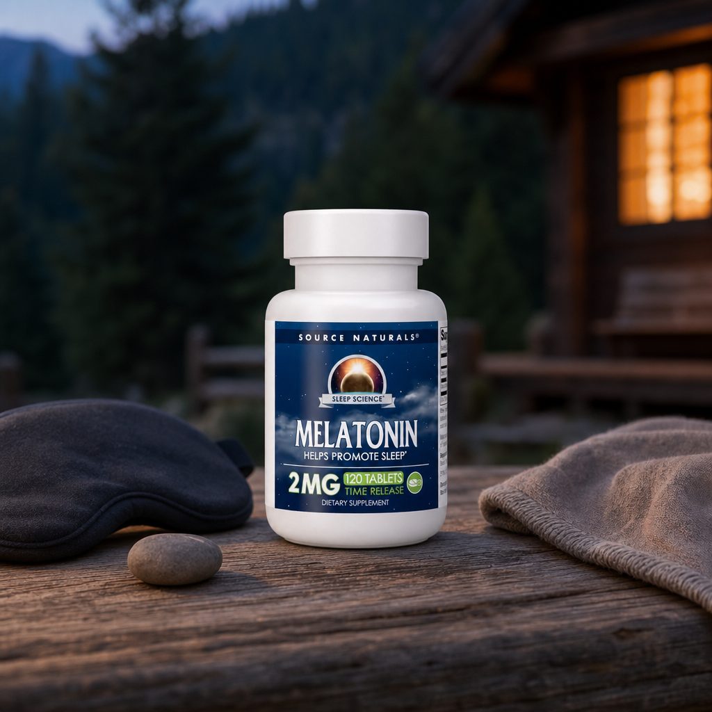 Source Naturals Melatonin 2 mg Timed Release bottle in a calm bedtime setting
