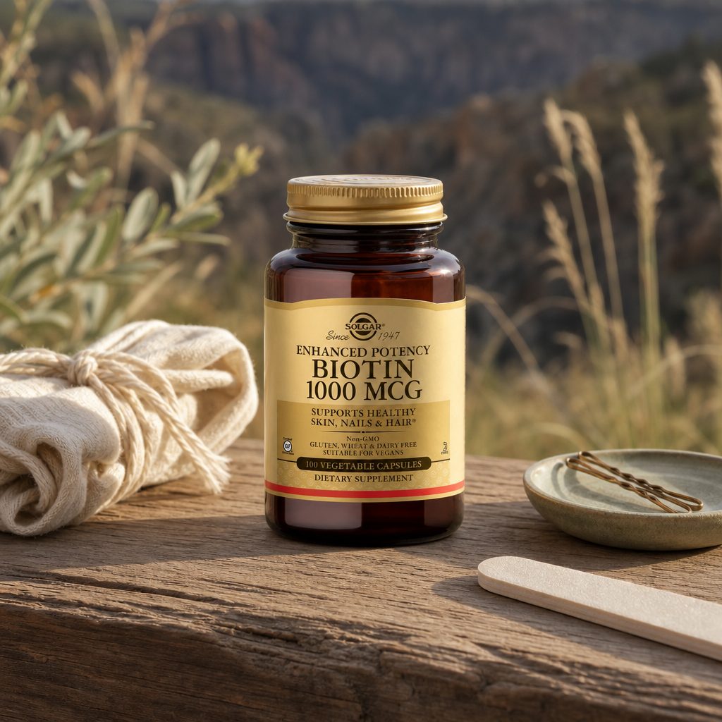 Solgar Biotin 1000 mcg 100 Capsules bottle angled with gold cap and label