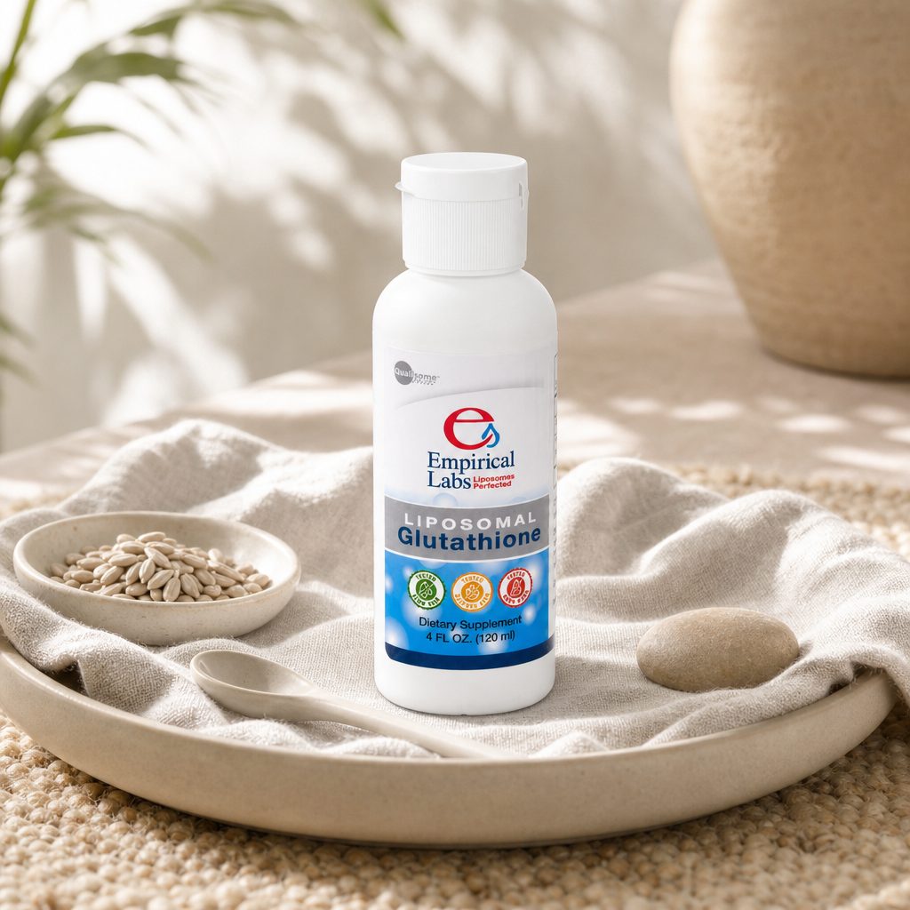 Empirical Labs Liposomal Glutathione bottle with liquid serving measured on a countertop