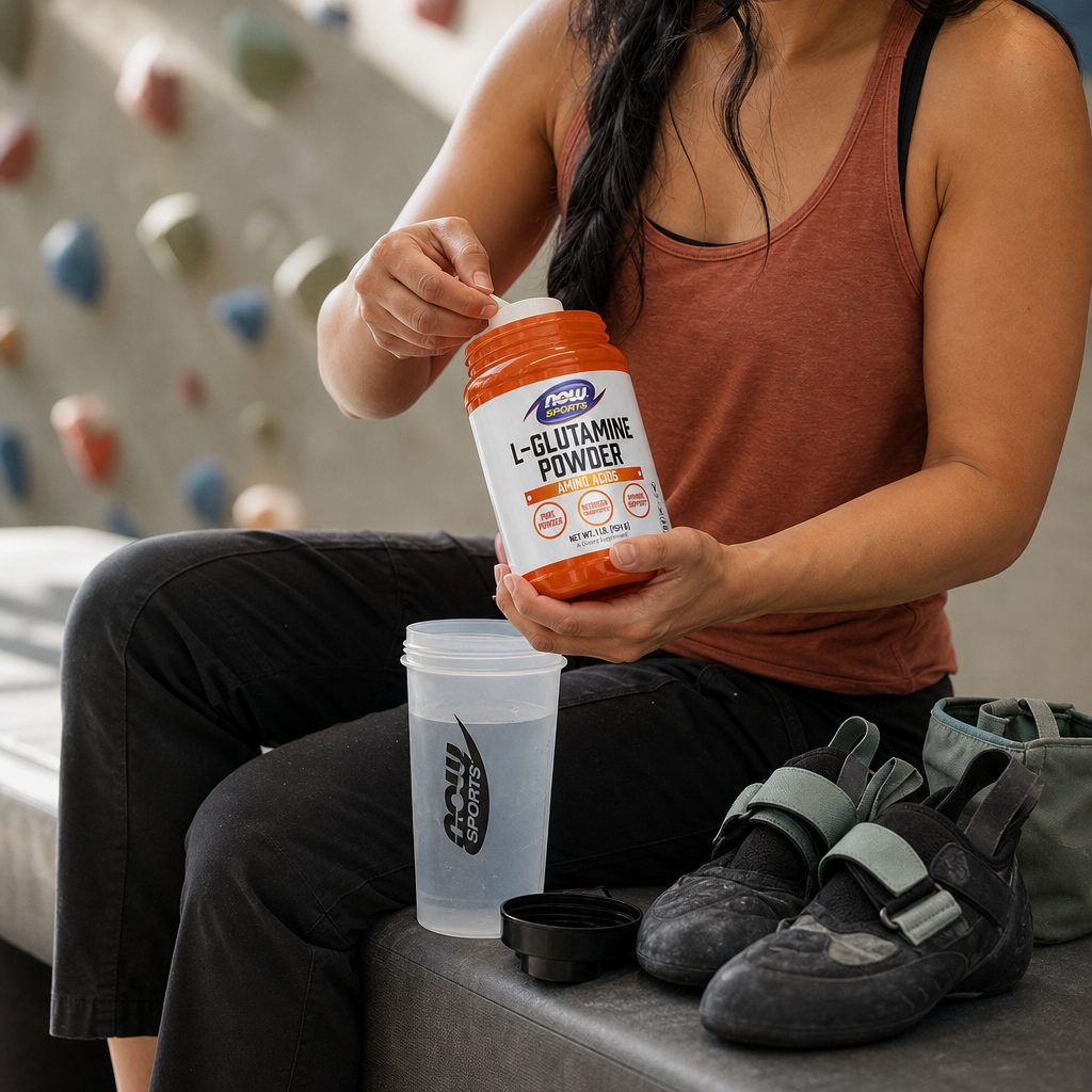 NOW Foods L-Glutamine Powder serving mixed into juice for an amino acid routine