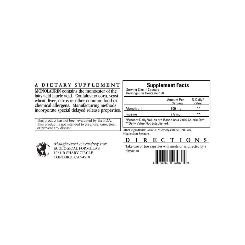 Ecological Formulas Monolaurin 300mg supplement facts panel listing ingredients, dosage, and serving size