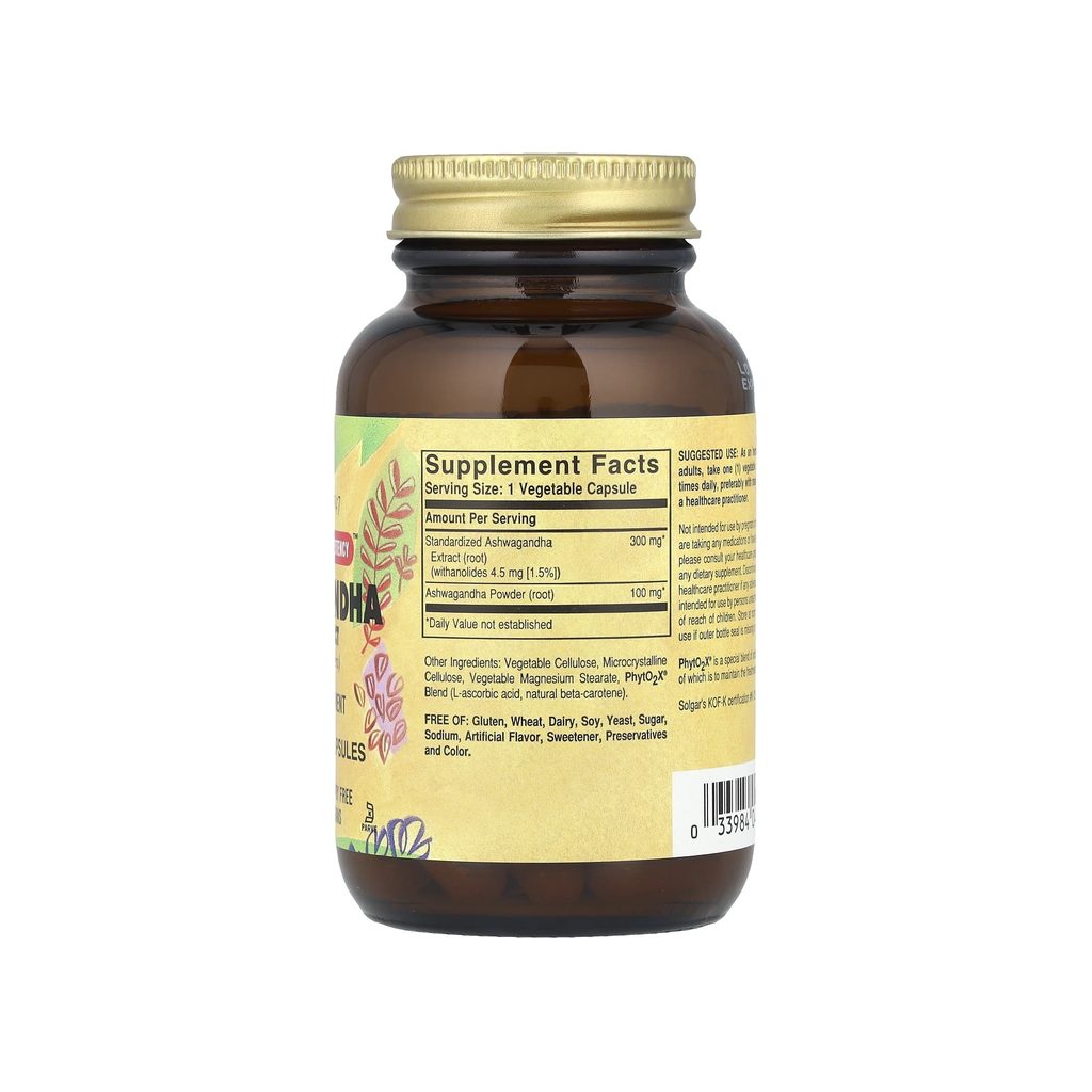 Solgar Ashwagandha Root Extract supplement facts panel listing ingredients and serving size