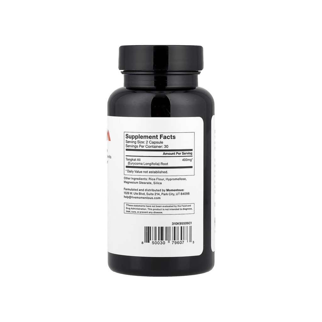 Momentous Tongkat Ali Capsules supplement facts panel listing ingredients, dosage, and serving size