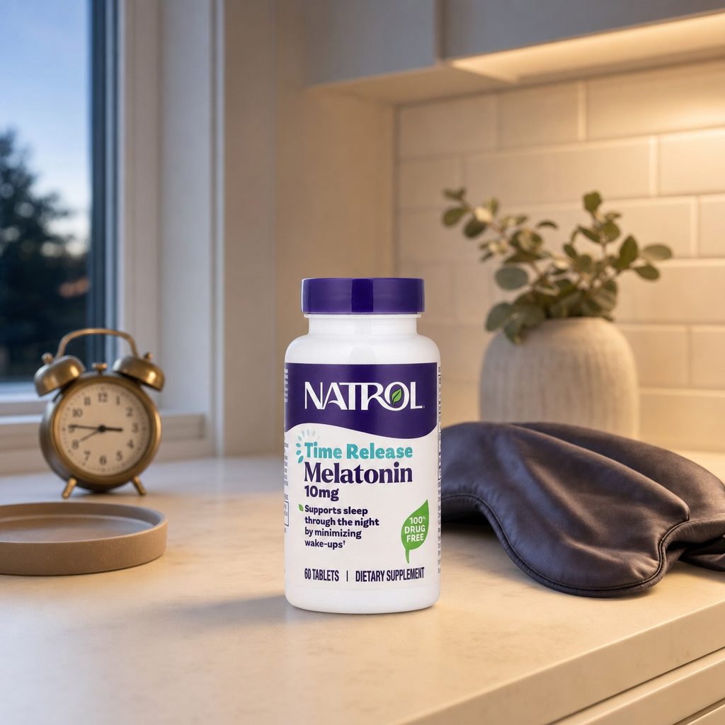 Natrol Melatonin 10mg Advanced Sleep bottle showing time-release sleep support details