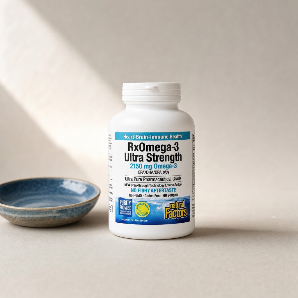 Natural Factors RxOmega-3 Ultra Strength bottle with fish oil softgels