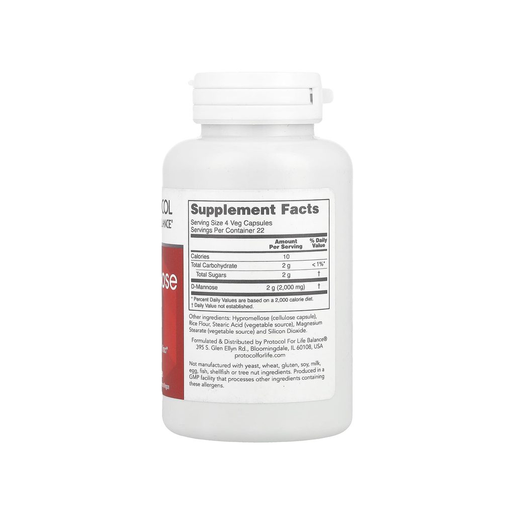 Protocol for Life Balance D-Mannose 500 mg supplement facts panel listing dosage and ingredients