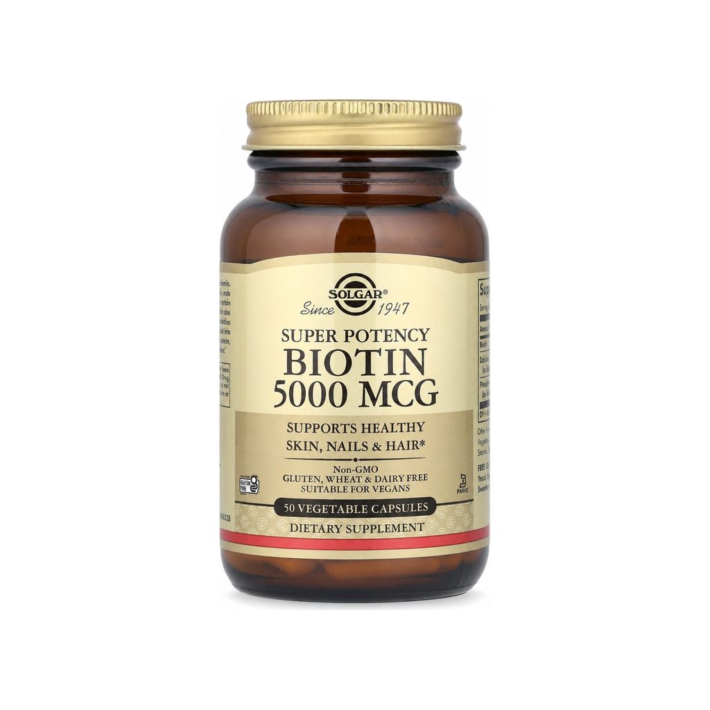 Solgar Biotin 5000 mcg 50 Capsules front bottle with gold label