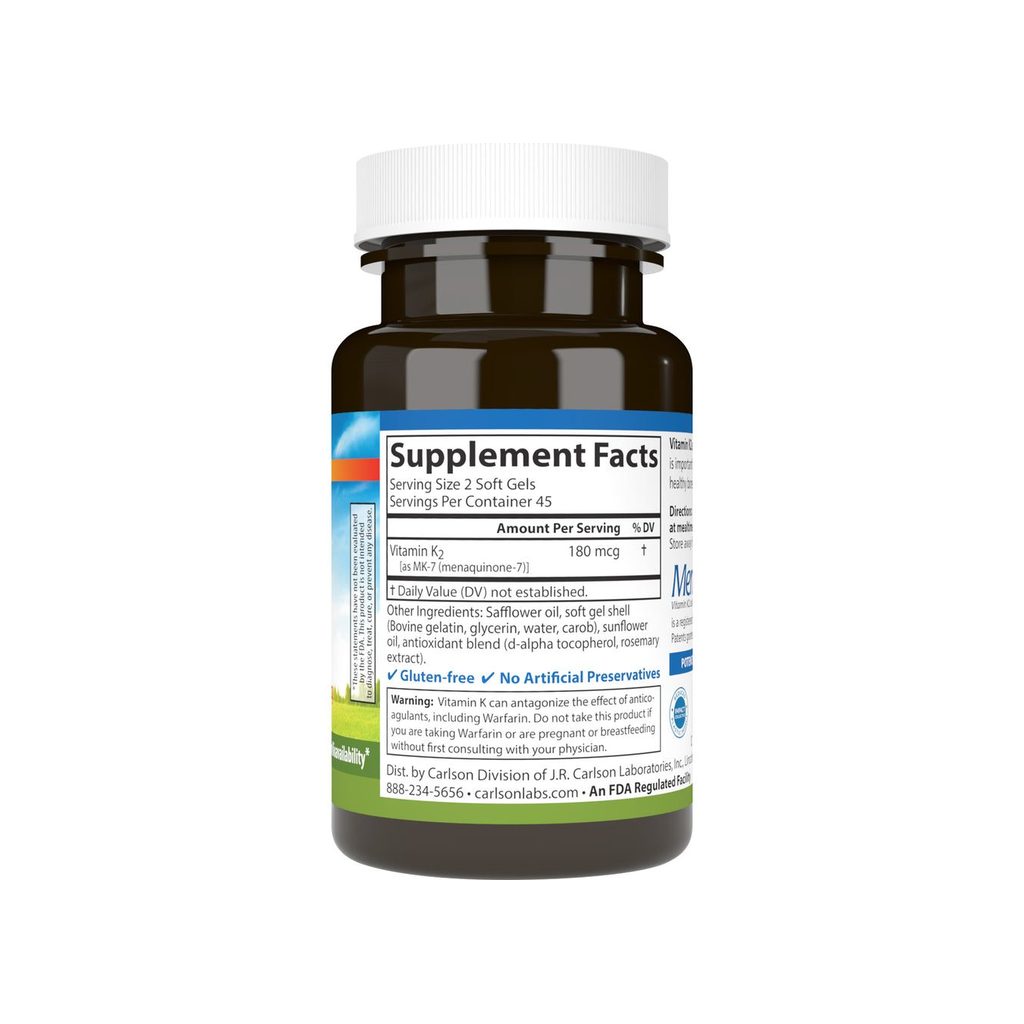 Carlson Vitamin K2 MK-7 180 mcg Softgels supplement facts panel with dosage and ingredients