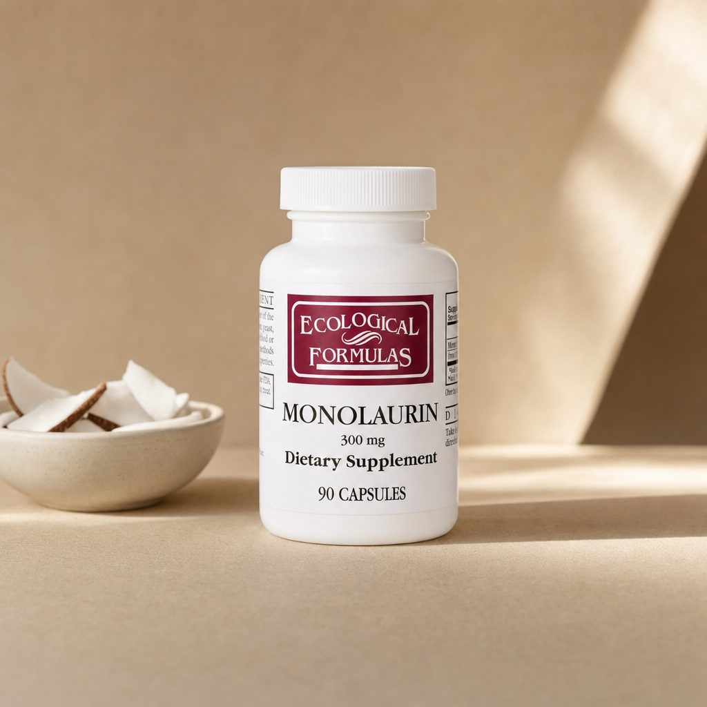 Ecological Formulas Monolaurin 300mg capsules bottle beside a glass of water on a counter