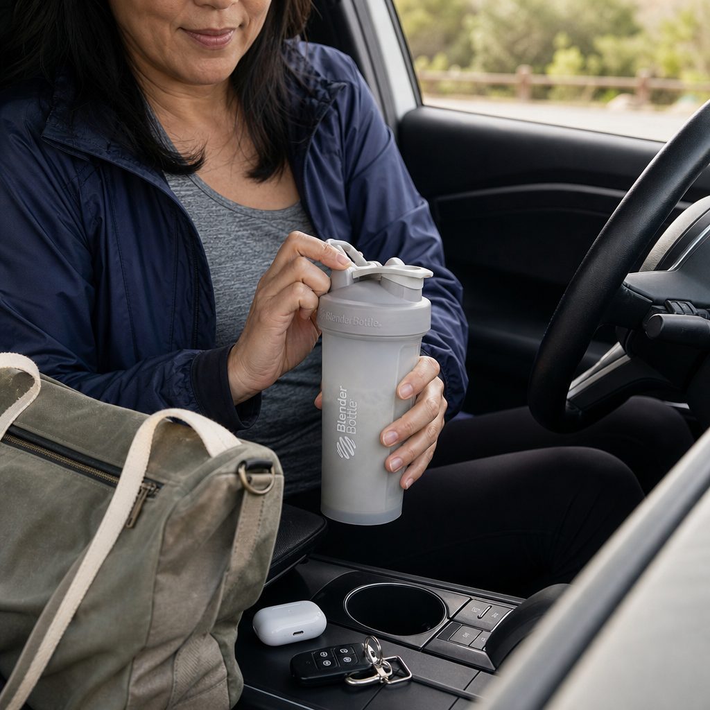 BlenderBottle Classic 28oz Pebble Grey shaker cup with BlenderBall wire whisk for mixing powders