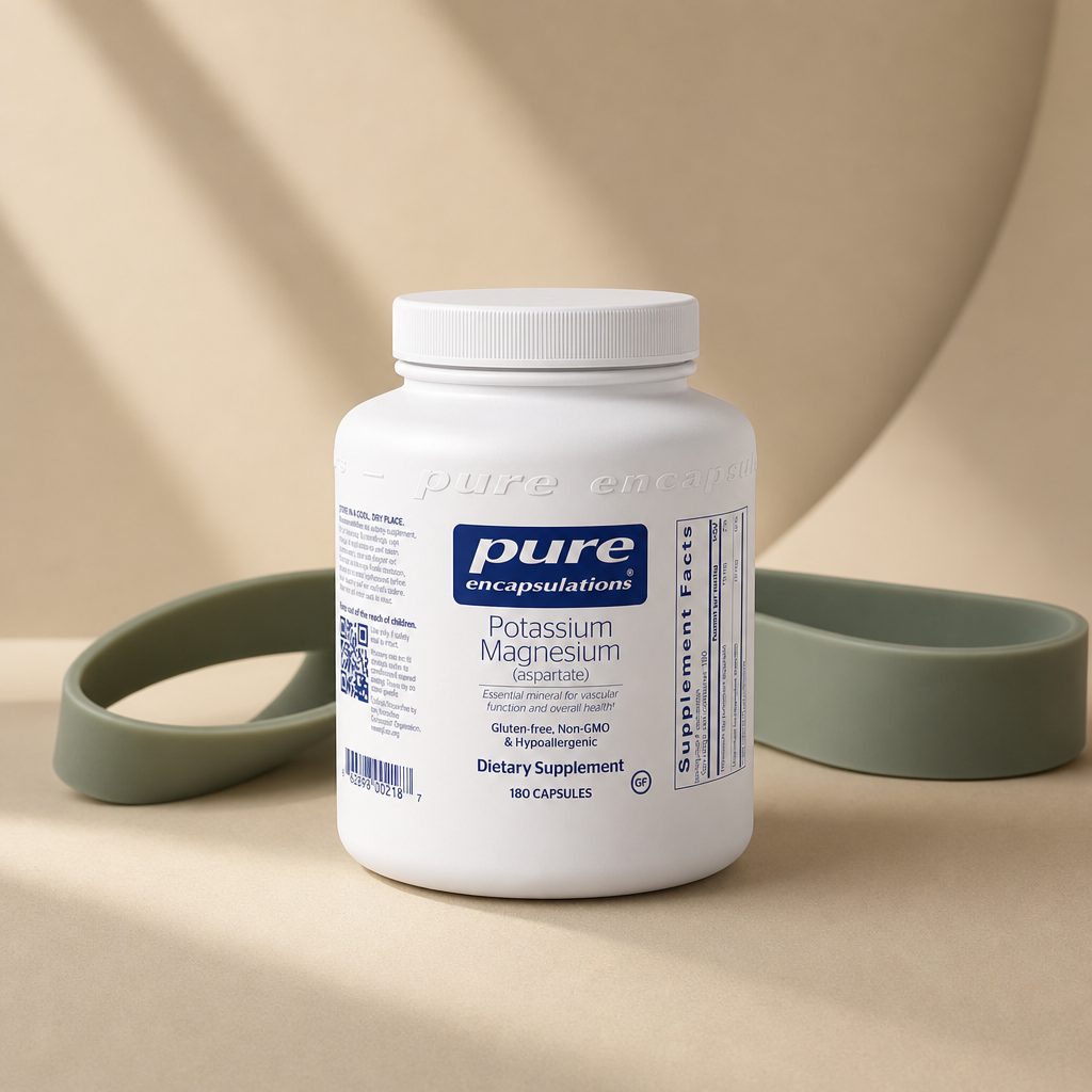 Pure Encapsulations Potassium Magnesium bottle on kitchen counter with capsules and water glass